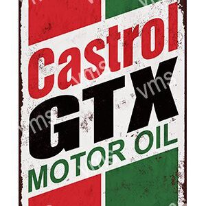 Vintage Castrol GTX motor oil advertisement with bold colors.