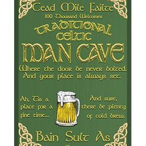 Traditional Celtic pub sign with a beer mug and Gaelic text.