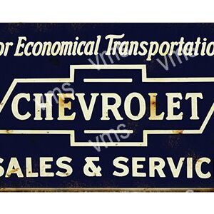 Vintage Chevrolet sales and service sign with classic logo.