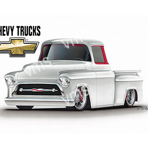 A sleek, customized white Chevy pickup truck with lowered suspension.