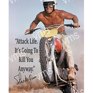 Bruce Lee riding a dirt bike with an inspirational quote.