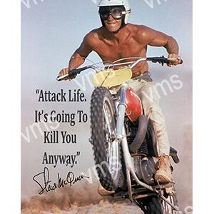 A man on a motorcycle with an inspirational quote.