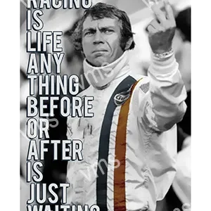 A black and white photo of a man making a rebellious gesture with racing text overlay.