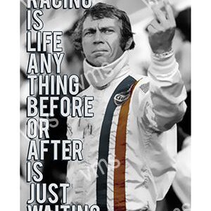 Steve McQueen racing with a determined gesture.