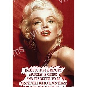 Marilyn Monroe with a beauty and intelligence quote on a red background.