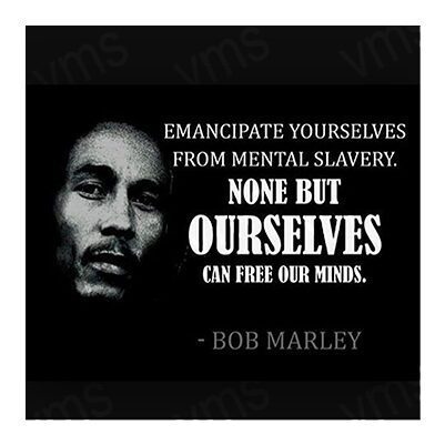 Bob Marley quote on mental freedom with his portrait.