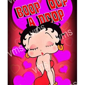 Betty Boop blowing a kiss with hearts and colorful text.