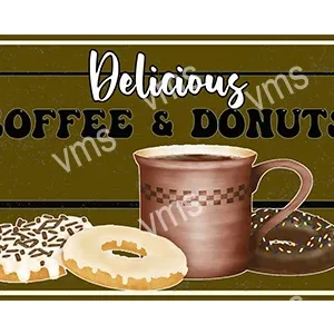 A cup of coffee with donuts and the text 'Delicious Coffee & Donuts'.