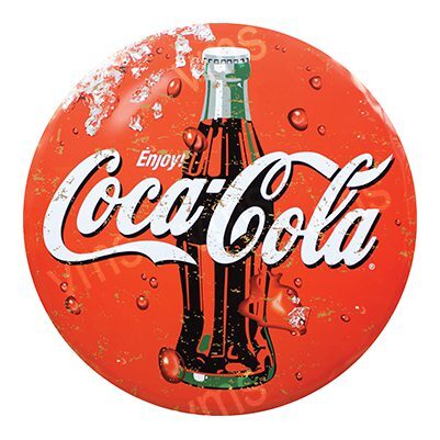Vintage Coca-Cola sign with classic bottle and bubbles.