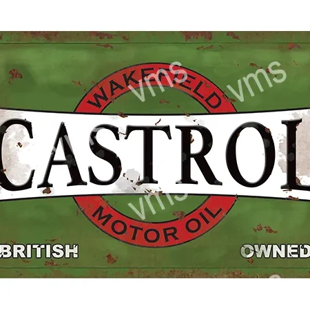 Vintage Castrol motor oil sign with worn paint.