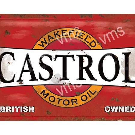 Vintage Castrol motor oil sign with red and yellow design.