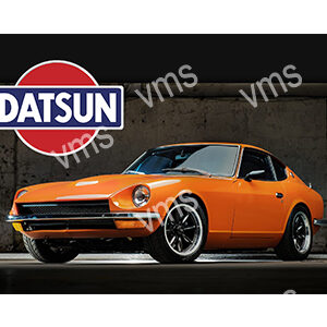 Classic orange Datsun sports car in a sleek setting.