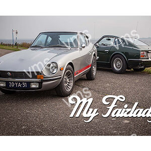 Two classic Datsun Fairlady Z cars parked outdoors with a vintage vibe.