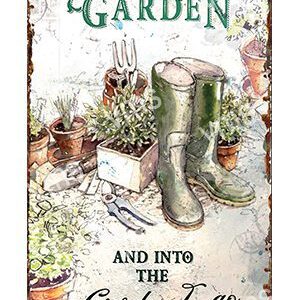 Rustic garden boots and rabbit illustration on weathered sign.