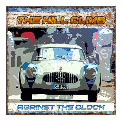 Retro car racing against time in a vintage poster style.