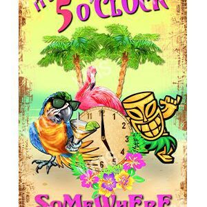 Tropical-themed happy hour poster with fun cartoon characters and palm trees.