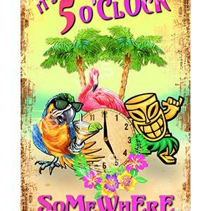 Colorful tropical drink poster with flamingo and tiki elements.