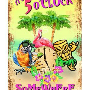 Colorful tropical cocktail-themed poster with flamingo, tiki mug, and palm trees.