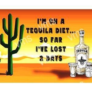 A humorous tequila diet quote with desert and cactus background.