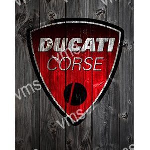 Ducati Corse logo on a rustic wooden background.