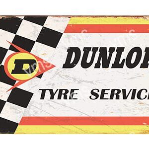 Vintage Dunlop tyre service sign with checkered flag.