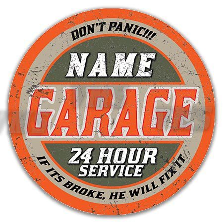 Vintage circular garage logo with bold orange and white text.