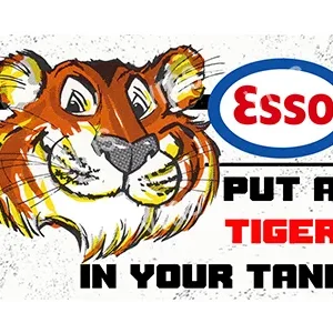 Vintage Esso ad with tiger mascot promoting fuel.