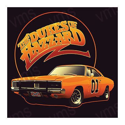 Classic orange muscle car with 'The Dukes of Hazzard' logo above it.