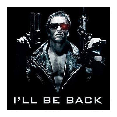 Arnold Schwarzenegger as the Terminator with guns and sunglasses.