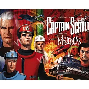Promotional poster for Captain Scarlet and the Mysterons with characters and a fiery train.