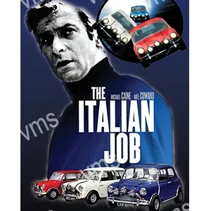 Classic movie poster of The Italian Job featuring Mini Coopers and a serious man.
