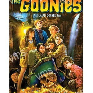 Movie poster of The Goonies with kids and treasure.