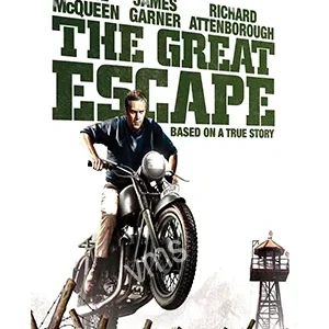 Action-packed poster of The Great Escape with a daring motorcycle jump.