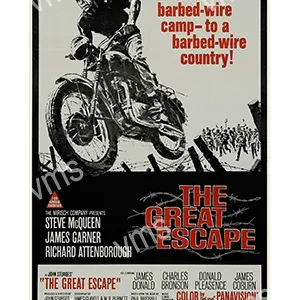 Vintage poster of a biker jumping over barbed wire with bold red and black text.