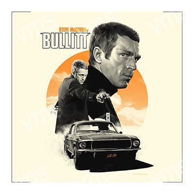 Stylized poster of a man with a gun and a classic car at sunset.