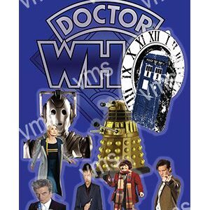 Collage of iconic Doctor Who characters and elements with the TARDIS and Dalek.