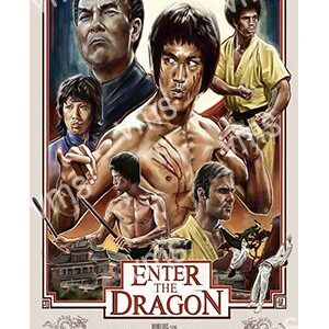 Classic martial arts movie poster featuring Bruce Lee and key characters.
