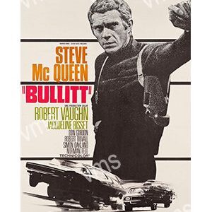 Steve McQueen in a classic 'Bullitt' movie poster with a car chase scene.