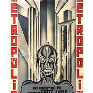 Futuristic Art Deco poster with stylized face and skyscrapers.