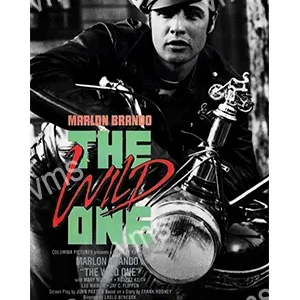 Black-and-white poster of 'The Wild One' featuring Marlon Brando on a motorcycle.