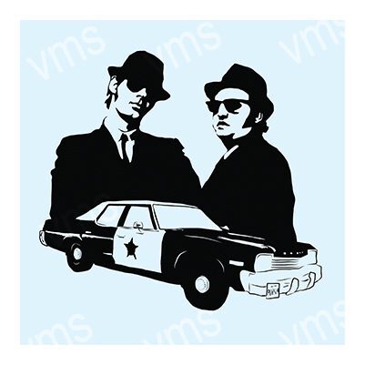 Silhouetted duo in suits and hats with a police car.