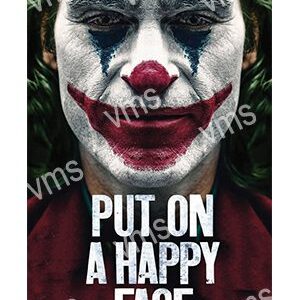 A close-up of a Joker face with makeup and a red smile.
