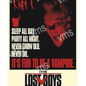 Movie poster for The Lost Boys featuring vampire theme and bold text.