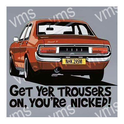 Vintage car with humorous text about trousers.