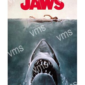Iconic movie poster of a shark approaching swimmers from below.