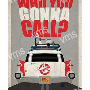 Ghostbusters car with 'Call Ghostbusters' text on a vintage poster.