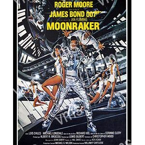 James Bond in Moonraker with futuristic space scenes and a glamorous woman.