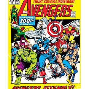 Classic Avengers comic cover celebrating 100 issues with iconic heroes assembling.