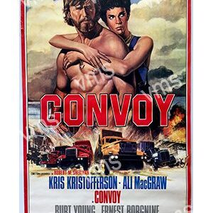 Action-packed movie poster featuring two men and a convoy of trucks.