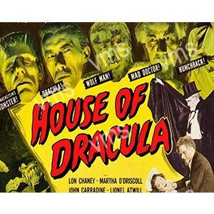 Classic horror movie poster for House of Dracula with eerie faces and bold title.